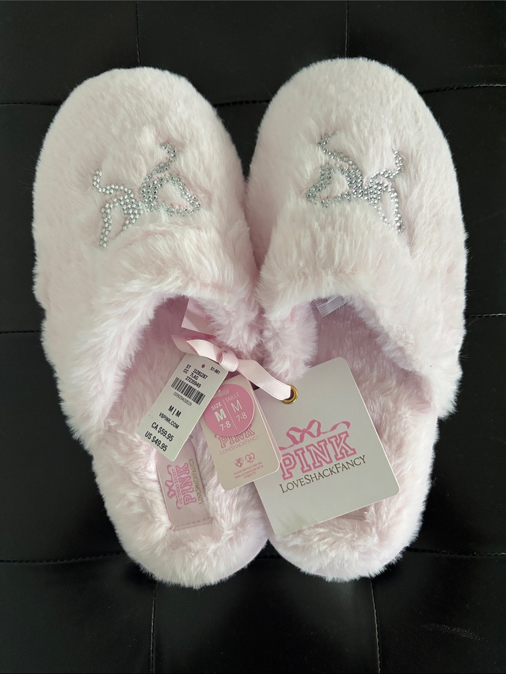 LoveShackFancy Pale Pink Fuzzy Slippers with Ribbon Tag